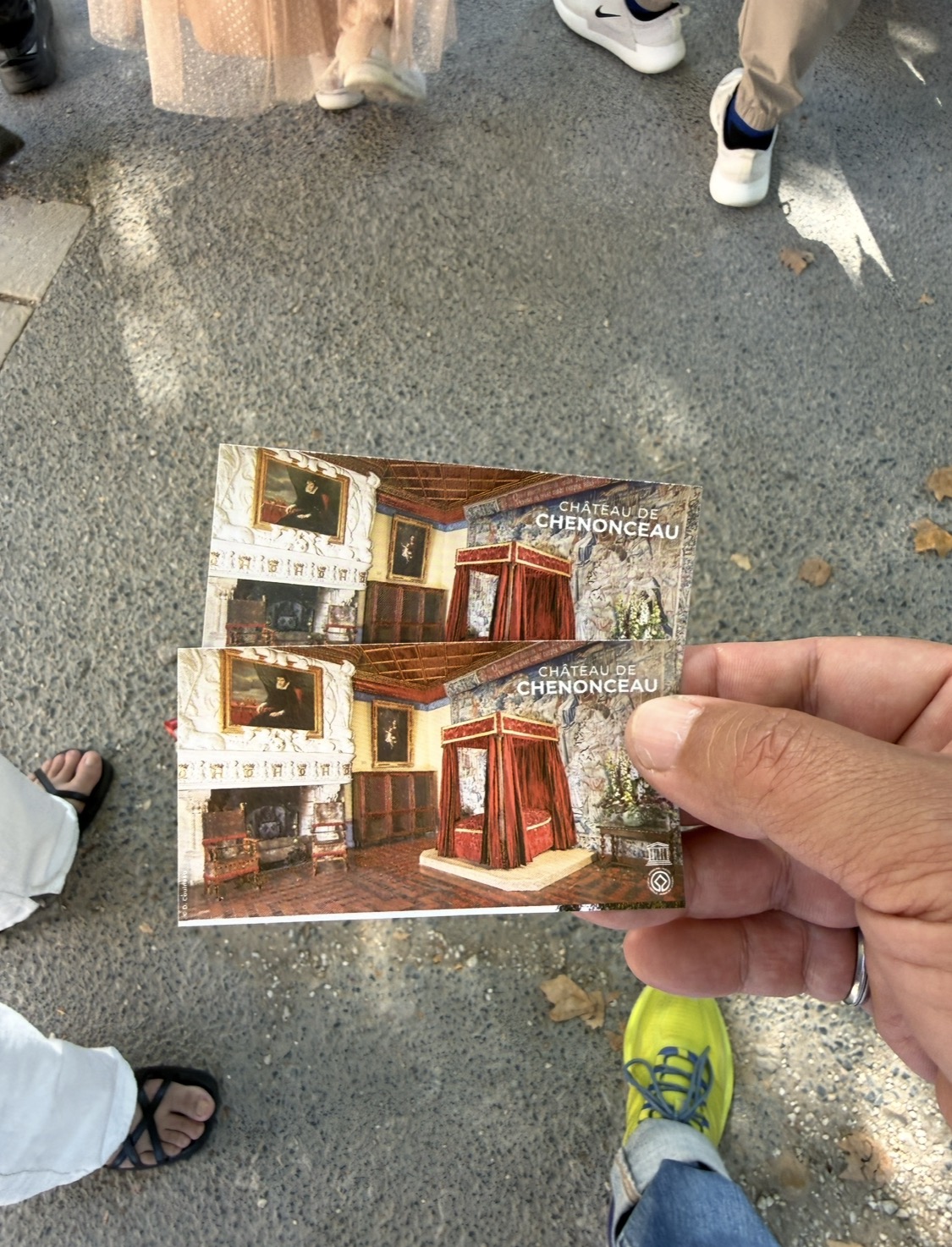 手持雪儂梭堡門票，票面印有城堡內紅色四柱床房間